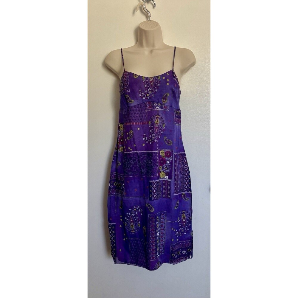 Vintage Purple Patchwork Sun Dress Size Small Bandana Paisley Lined Y2K